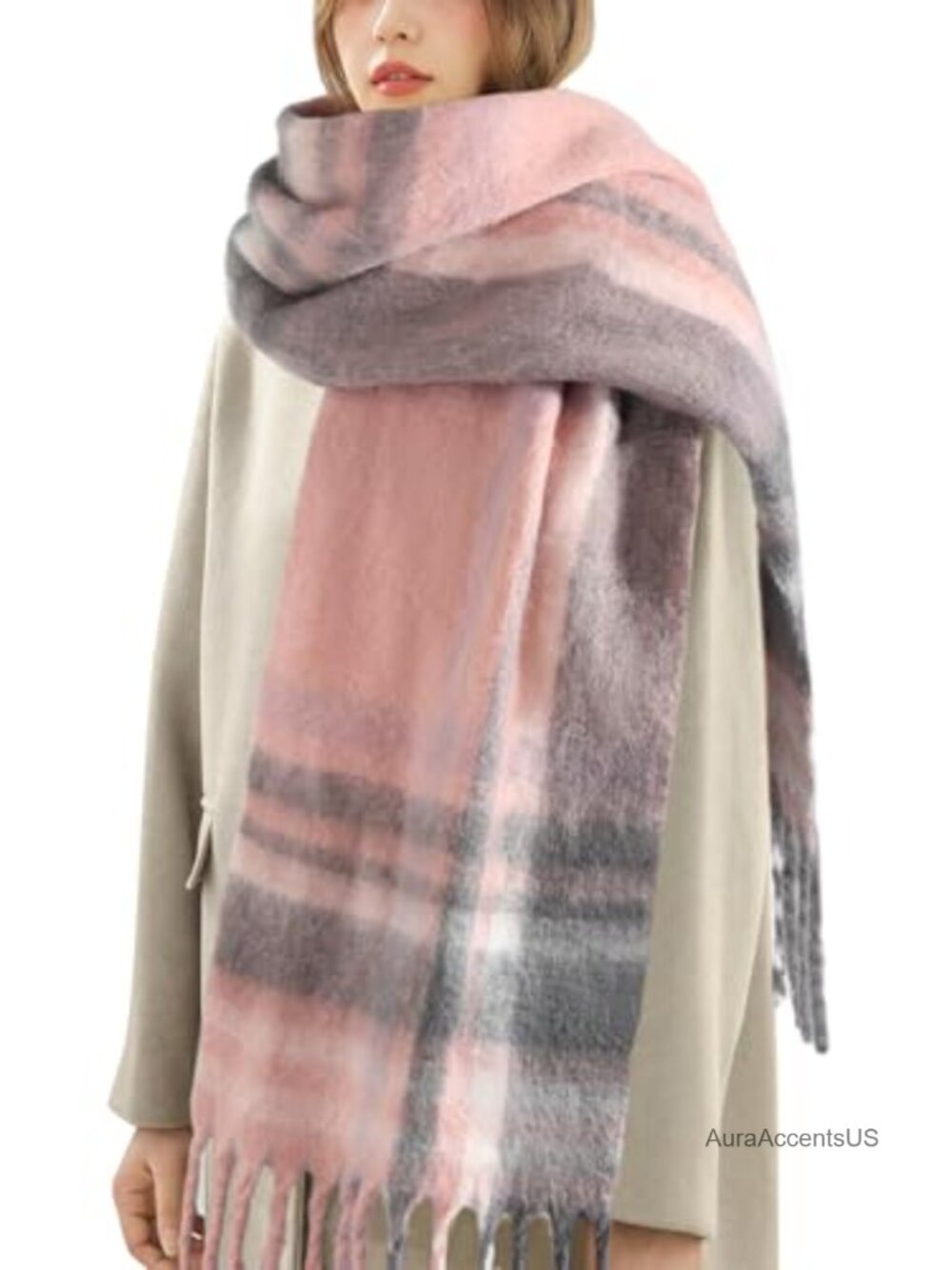 Women's Plaid Winter Scarf with Tassels – 100% Acrylic Cashmere Feel, Extra